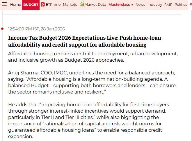Income Tax Budget 2026 Expectations Live: “Push home-loan affordability and credit support for affordable housing”, Anuj Sharma, COO, IMGC